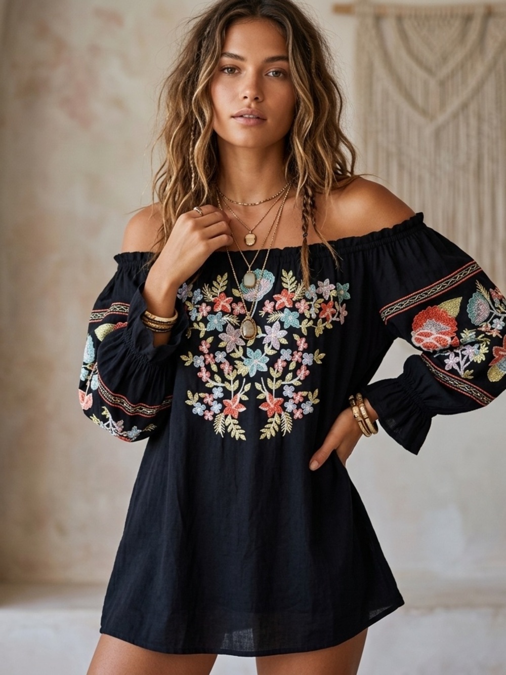 Free People Black Cotton Embroidered Off-Shoulder Mini Dress Tunic Sz XS Boho